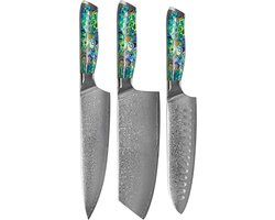 Shinrai Knives - Parelmoer Jewels 3-delige Damascus Messenset - Koksmes + Nakiri + Santoku