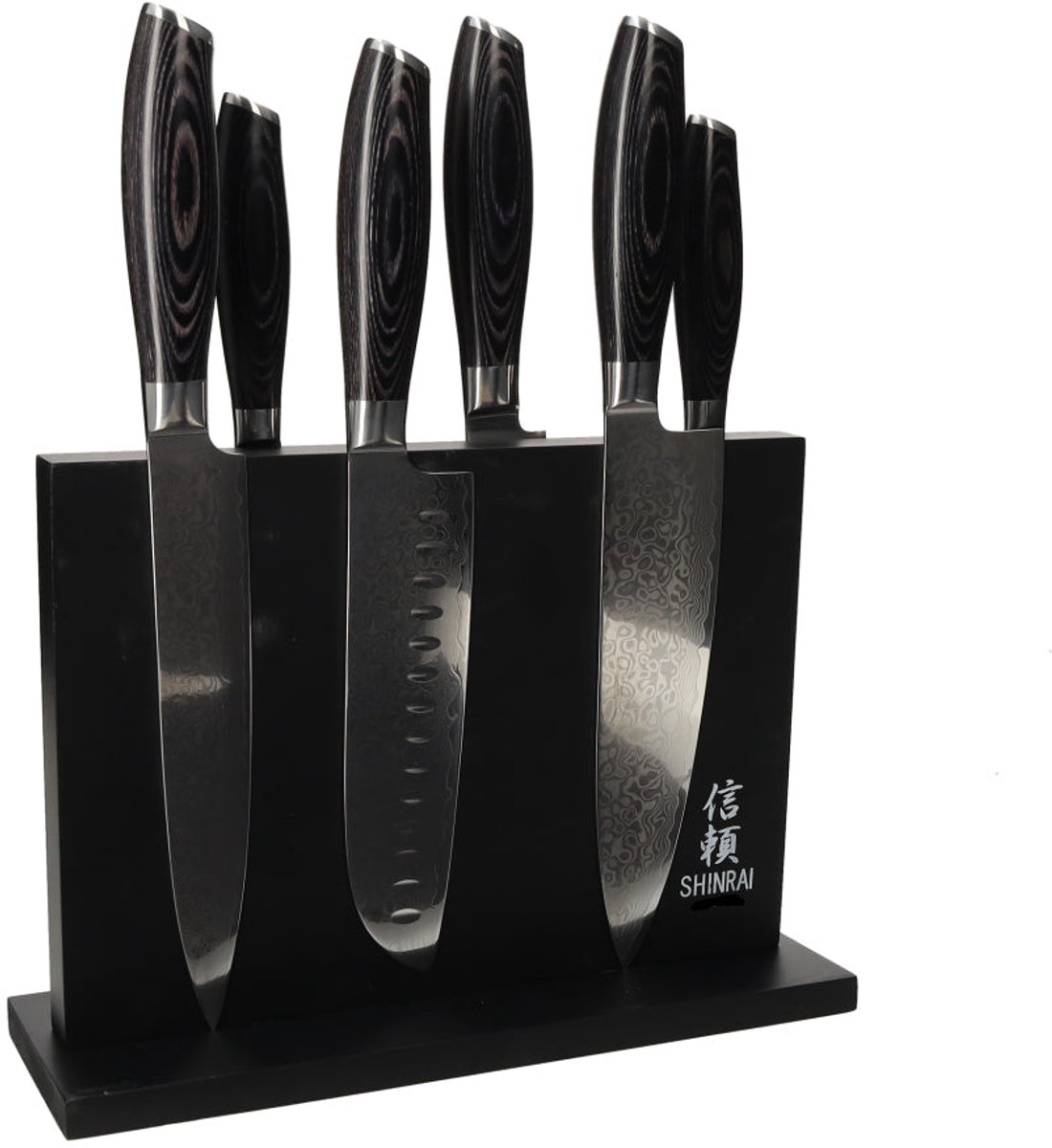 Shinrai Knives - Damast Pakka Wood 6-delige Messenset + Magnetisch Messenblok Dubbelzijdig - Zwart - Vleesmes - Hakmes