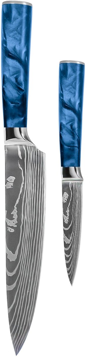 Shinrai Knives - Damascus Print Epoxy Sapphire 2-delige Messenset - Koksmes + Schilmes