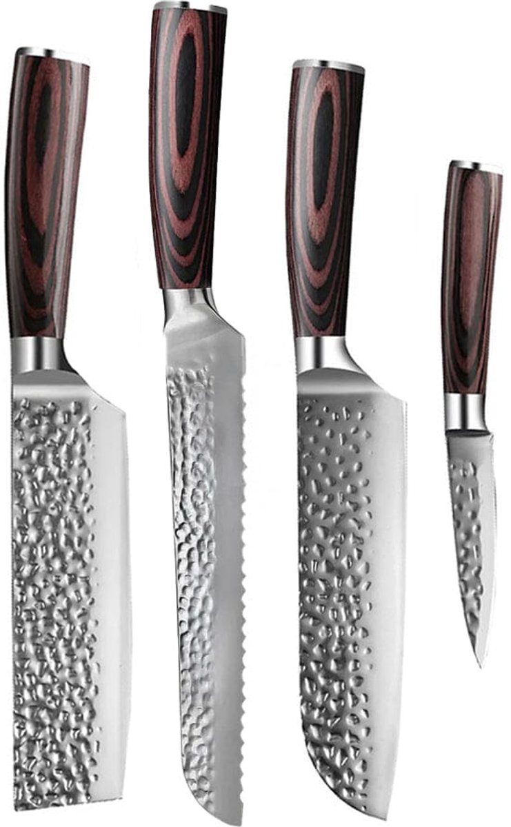 Shinrai Knives - Hammered RVS 4-delige Messenset - Santoku + Broodmes + Nakiri + Schilmes