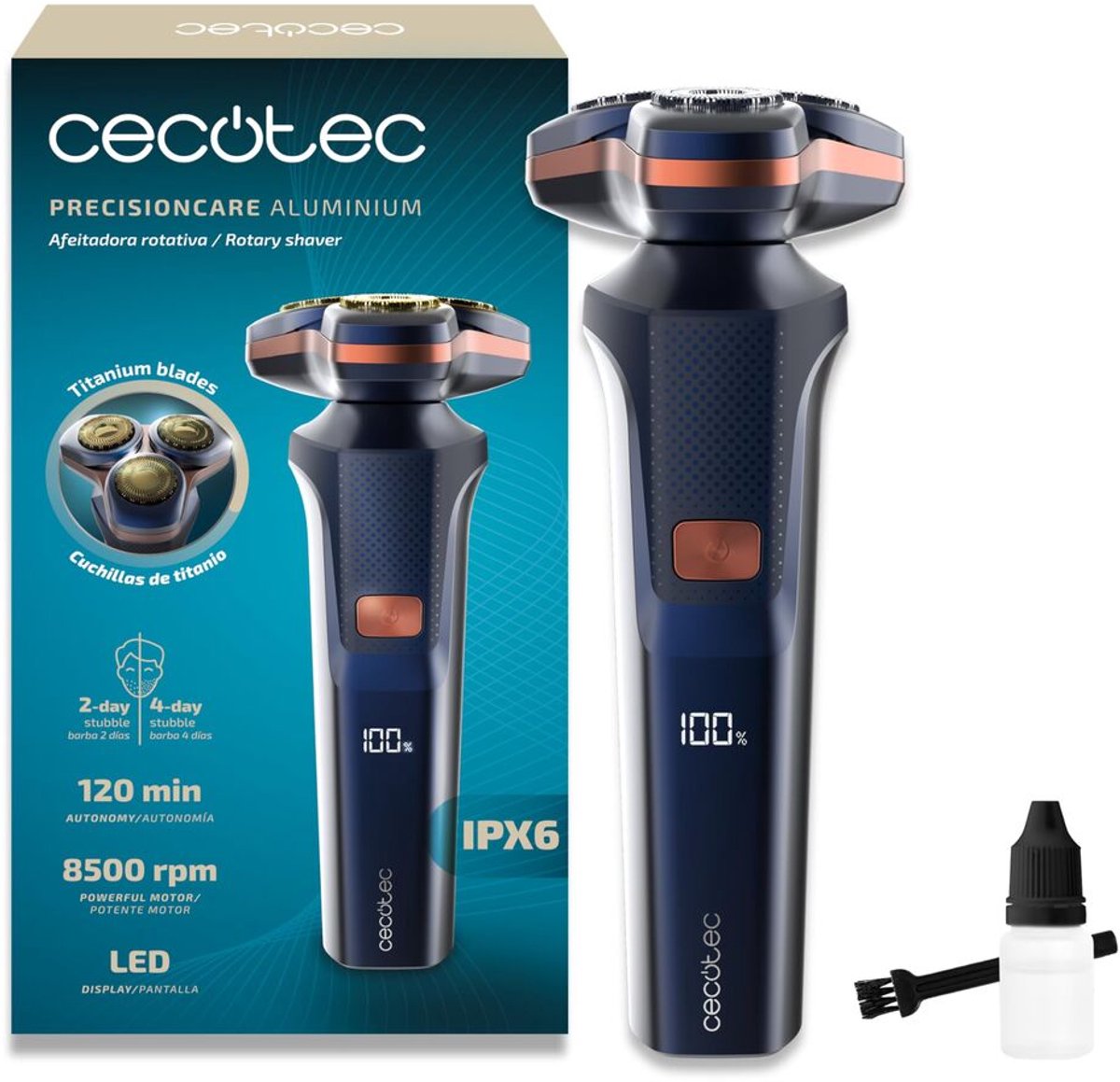 Cecotec PrecisionCare Aluminium Elektrisch Scheerapparaat LED, titanium, 2 snelheden, 2u batterij