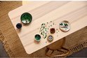 Vue d'ensemble d'une table en bois avec des pièces LEGO Botanicals, des plantes, des vases et des pierres.