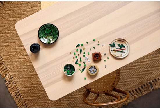 Vue d'ensemble d'une table en bois avec des pièces LEGO Botanicals, des plantes, des vases et des pierres.