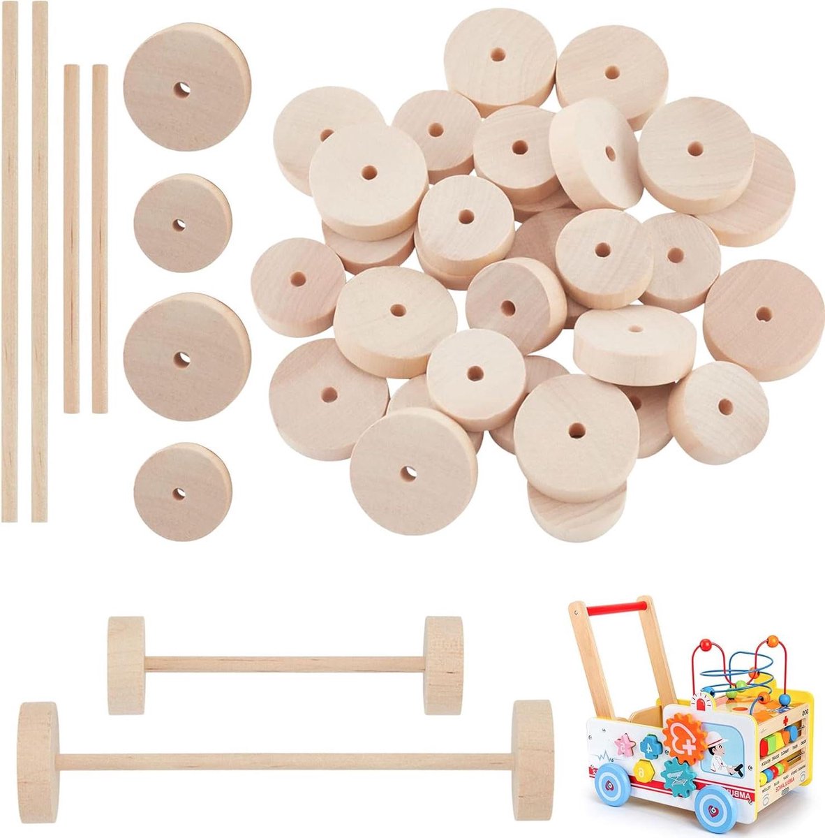 Ronte - Houten Wielen Set om te Knutselen, 80 Stuks met Houten Stokken en Deuvels. Ongelakt Houten Wiel met Gaten en Mini-Wielen met Asstiften.