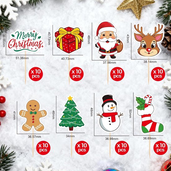 KEELYY Cupcake toppers, 52 stuks, kerstprikkers, taarttoppers, sneeuwvlokken, vrolijk kerstfeest, tandenstokers, vlaggen voor kerstfeest, cake, muffin, kaas, voorgerechten, decoratie