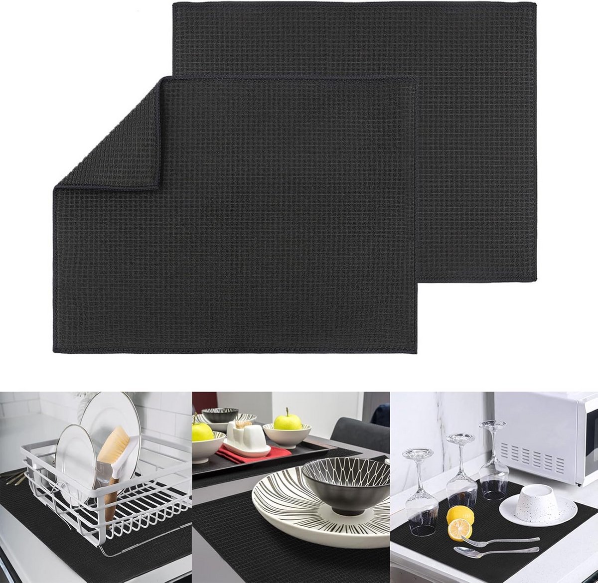 Afdruipmat 2 stuks microvezel 50x38 cm - snel absorberend, anti-slip, machine-wasmogelijk - zwart