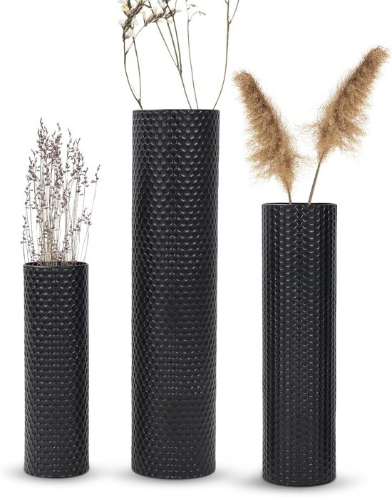 Ronte - Set van 3 Zwarte Metalen Hoge Vloervazen voor Woonkamer Decoratie - Grote Staande Vaas met Honingraatstructuur - 27,6/21,7/15,8 inch