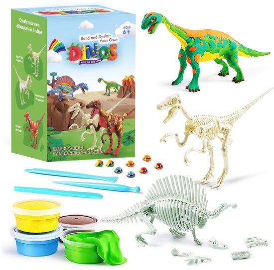 Dinosaurus knutselset met klei, skeletten, gereedschappen, en ogen. Dinosaurus modellen in actie.