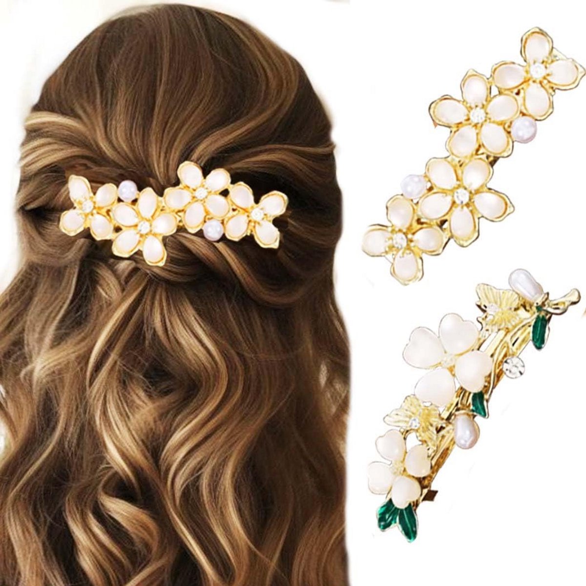 Franse Haarspeldjes met Bloem en Strass - Vintage Haaraccessoires voor Vrouwen (2 stuks)