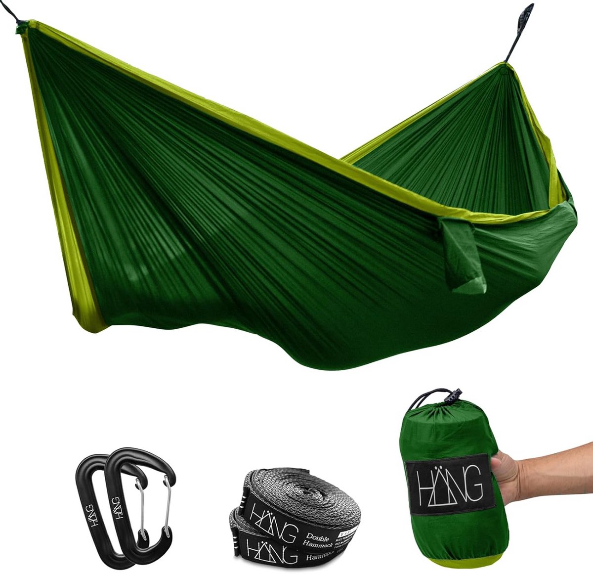 Hangmat voor 2 personen 300 x 170 cm - Camping Outdoor Tuin Strand - Nylon parachutezijde - Max belasting 200 kg - met ophangset - Groen