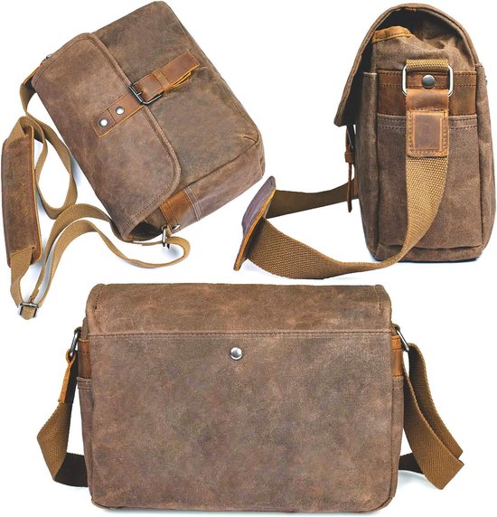 Vianber Cameratas – Waterdicht Wax Canvas – Vintage Messengertas – Met Gewatteerd Tussenschot – Kaki – Voor DSLR & Accessoires