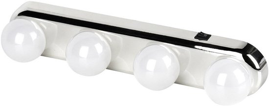 Spiegelverlichting met 4 witte lampjes en een zilverkleurige rand, met aan/uitknop.