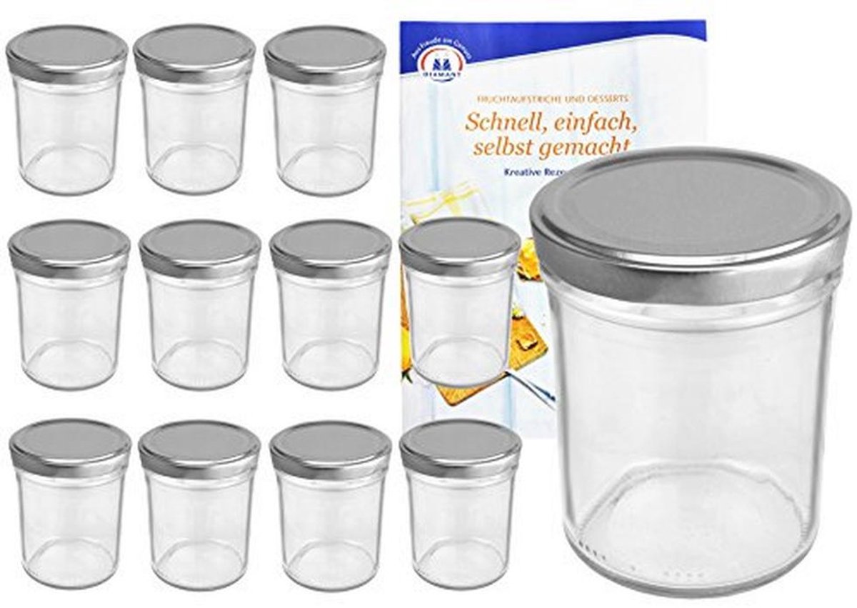 Set van 12 weckpotten 230 ml met hoge deksels en receptenboekje