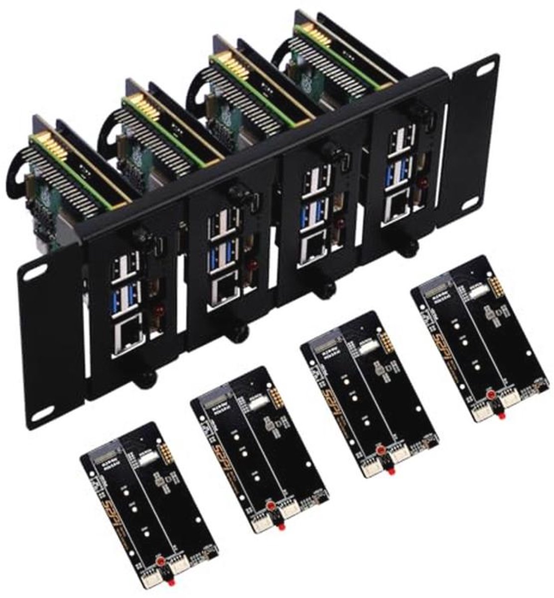 10 inch 2U Rackhouder voor Raspberry Pi met PCIe naar M.2 NVMe SSD-adapters