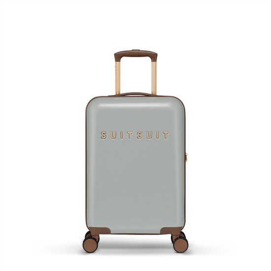 Lichtgrijze SUITSUIT handbagage koffer met bruine handgrepen en wielen.