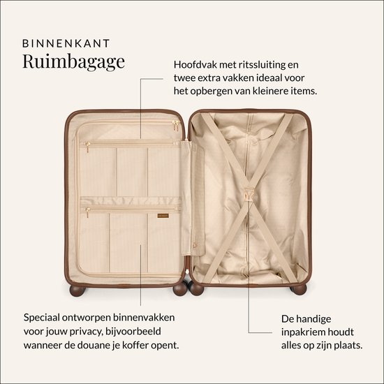 Valise rose ouverte avec intérieur marron, compartiments et sangles de rangement. Texte: INTÉRIEUR Bagage volumineux.