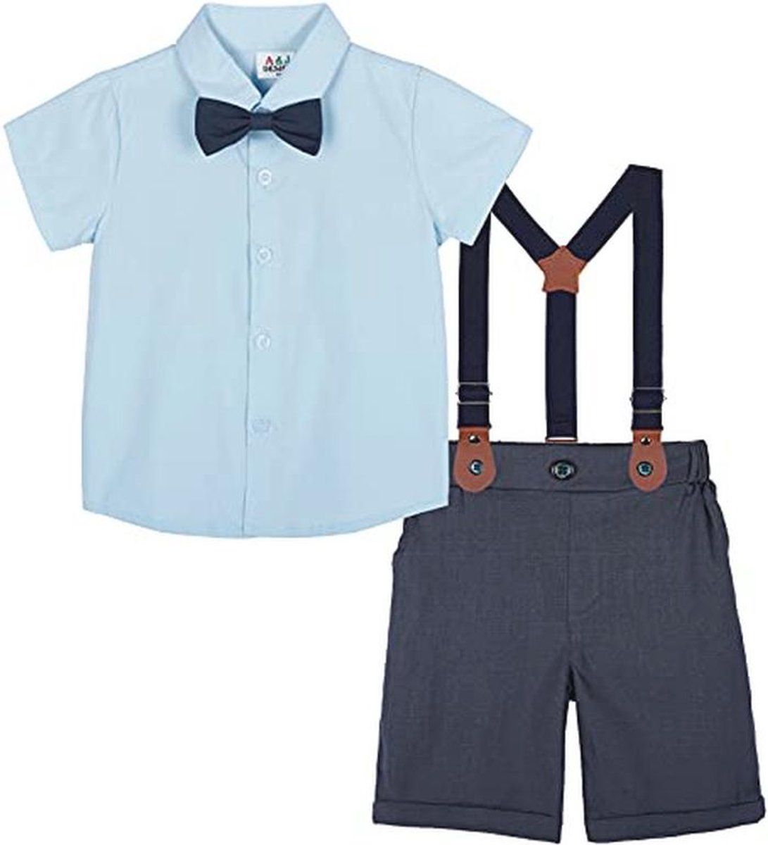 Baby Jongen Kleding Set Korte Mouw Trouwpak met Vlinderdas en Bretels, Maat: 1-4 Jaar