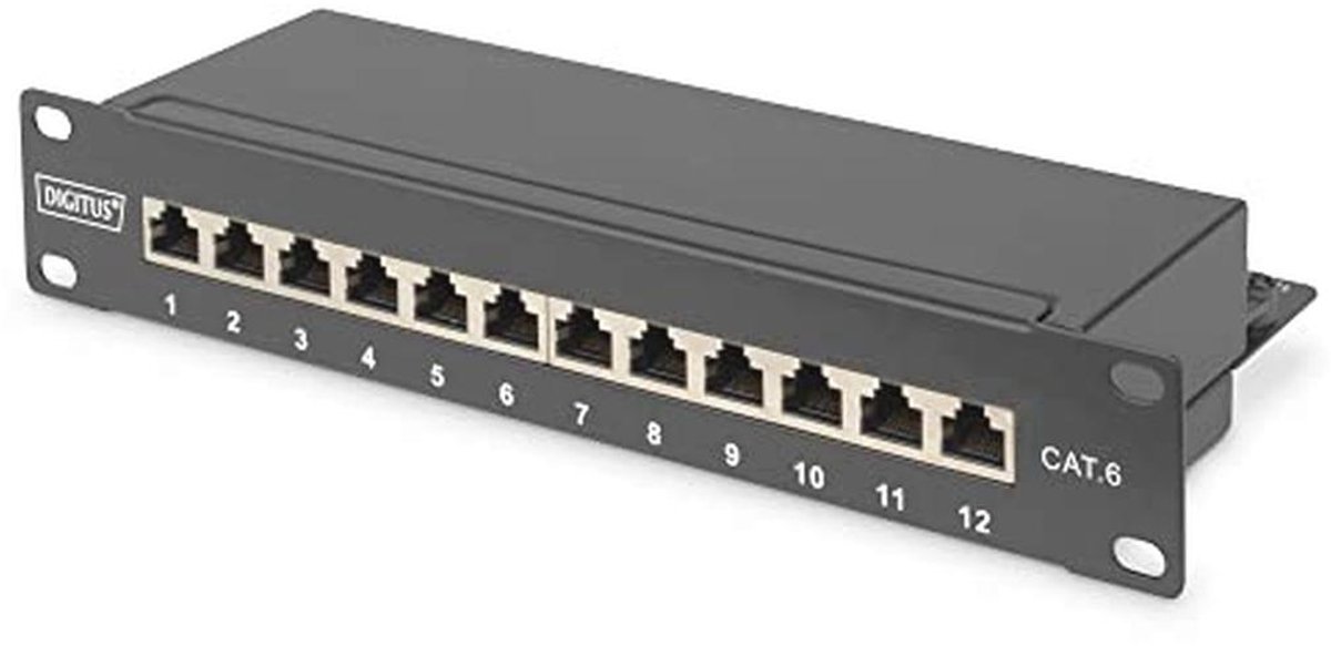 Cat-6 patchpaneel 12 poorten - 10 inch rack-mount - Afgeschermd - Zwart