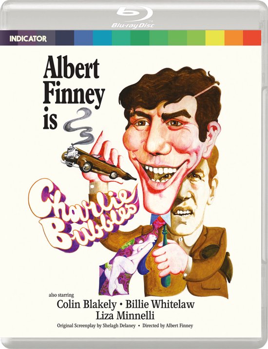 Blu-ray hoes van 'Charlie Bubbles' met caricatuur van Albert Finney die een fles vasthoudt, 'Albert Finney is Charlie Bubbles' staat erop.
