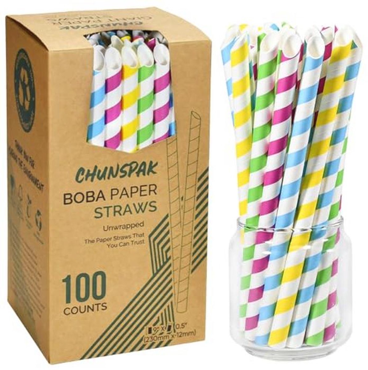 Papieren rietjes 12 mm voor boba en bubble tea - 230 x 12 mm, 100 stuks