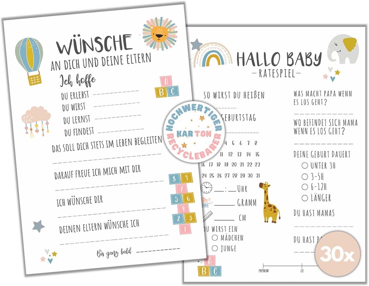 Hoogwaardige babyparty raadspel kaarten - babyshower spelletjes tipkaarten voor jongens en meisjes
