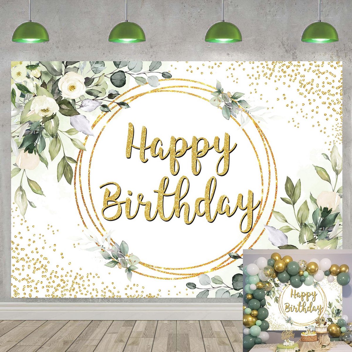 Groene en Gouden Eucalyptus Achtergrond voor Verjaardagsfeestje en Baby Shower