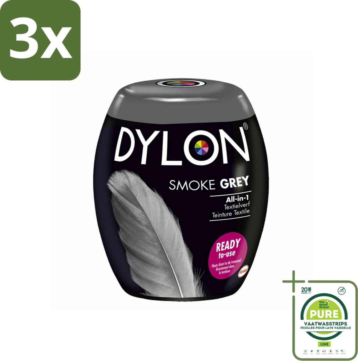 3 x DYLON – Textielverf Pods – Smoke Grey – 350 g - Grootverpakking - Textielverf - Wasmachine - Kleurstof - Katoen - Linnen