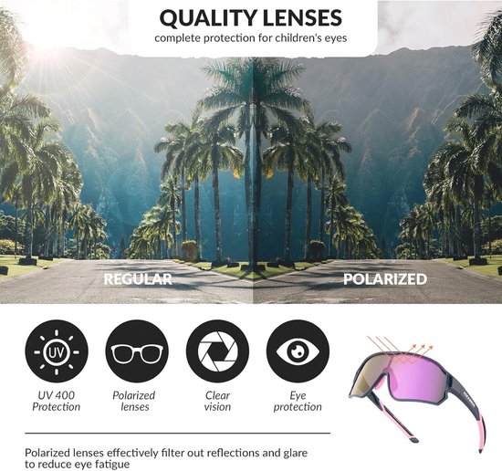 Een sportbril met roze spiegelende glazen, met iconen die UV400 bescherming, gepolariseerde glazen, helder zicht en oogbescherming aangeven.