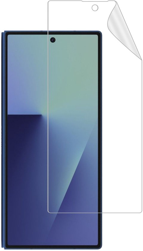 Een screenprotector op een blauwe telefoon.
