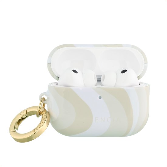 Coque AirPods Pro 3 motif vague désert beige, avec écouteurs blancs et mousqueton doré.
