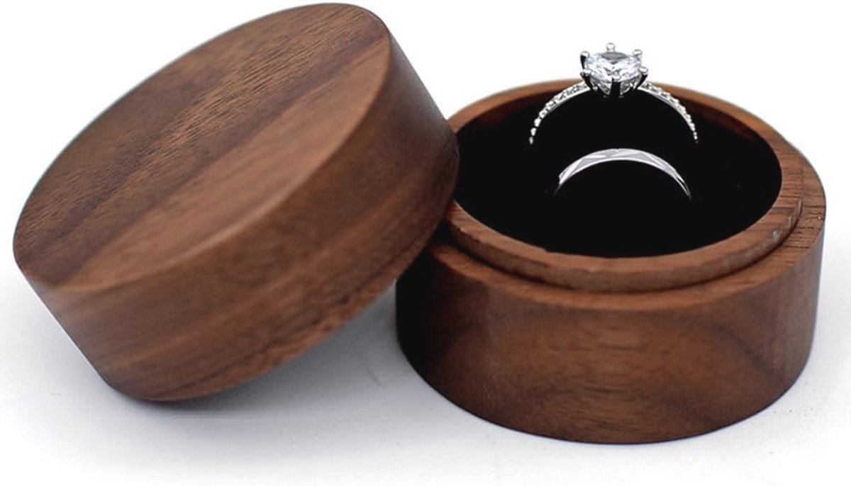 Houten Ringendoos in Walnoot - Elegante Ronde Ringbox voor Huwelijksaanzoek en Verloving