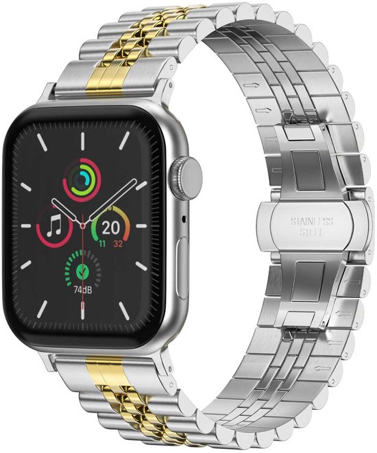 Zilveren en gouden horlogebandje van "Stainless Steel" bevestigd aan een Apple Watch met activiteiten-app.