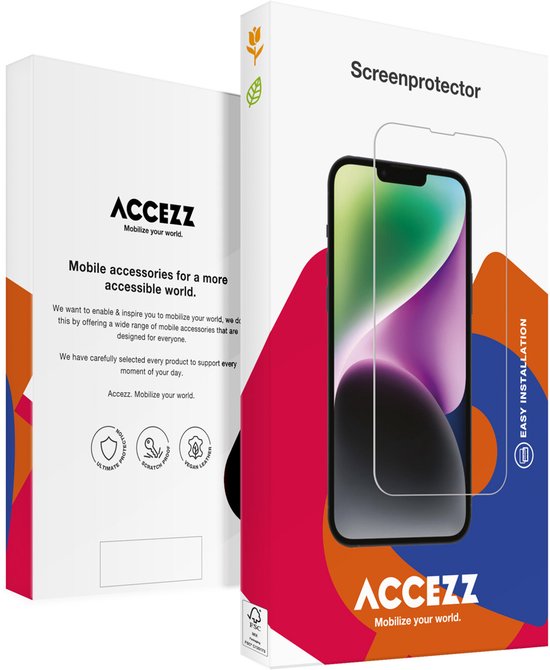 Accezz screenprotector van gehard glas voor Xiaomi telefoon, met doos en productafbeelding.