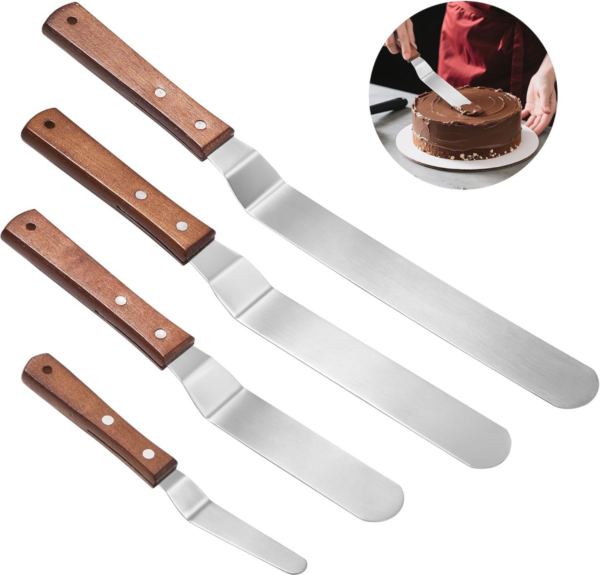 4-delige palletmessenset met houten handvat - Icing spatels voor taarten en fondant
