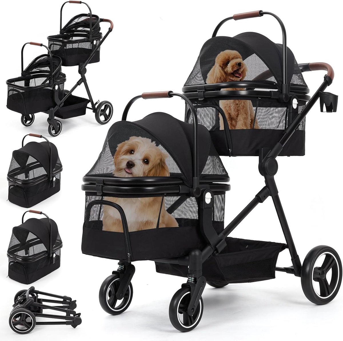 Opvouwbare dubbeldeks hondenbuggy tot 22 kg – honden- en kattenbuggy met gaasramen, bekerhouder, opbergruimte, éénpedaalrem, ideaal voor twee kleine honden of katten