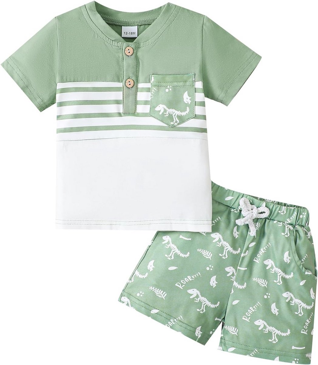 Zomerkleding Set Baby Jongen: Korte Mouw Shirt met Dinosaurus of Streep Print en Bijpassende Shorts