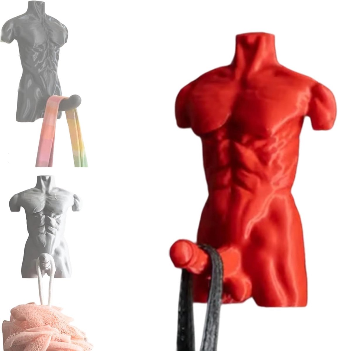 Ynkkvre - Handdoekhaakjes - Wandhaak - Muurhaak - Handdoekhouder - Ophanghaken - 3D Spiermodel Design - Met Lijm of Schroeven te Monteren - Max. 1,5 kg Draagkracht - Geschikt voor Badkamer & Gym - Cadeau voor Sportliefhebbers - Rood