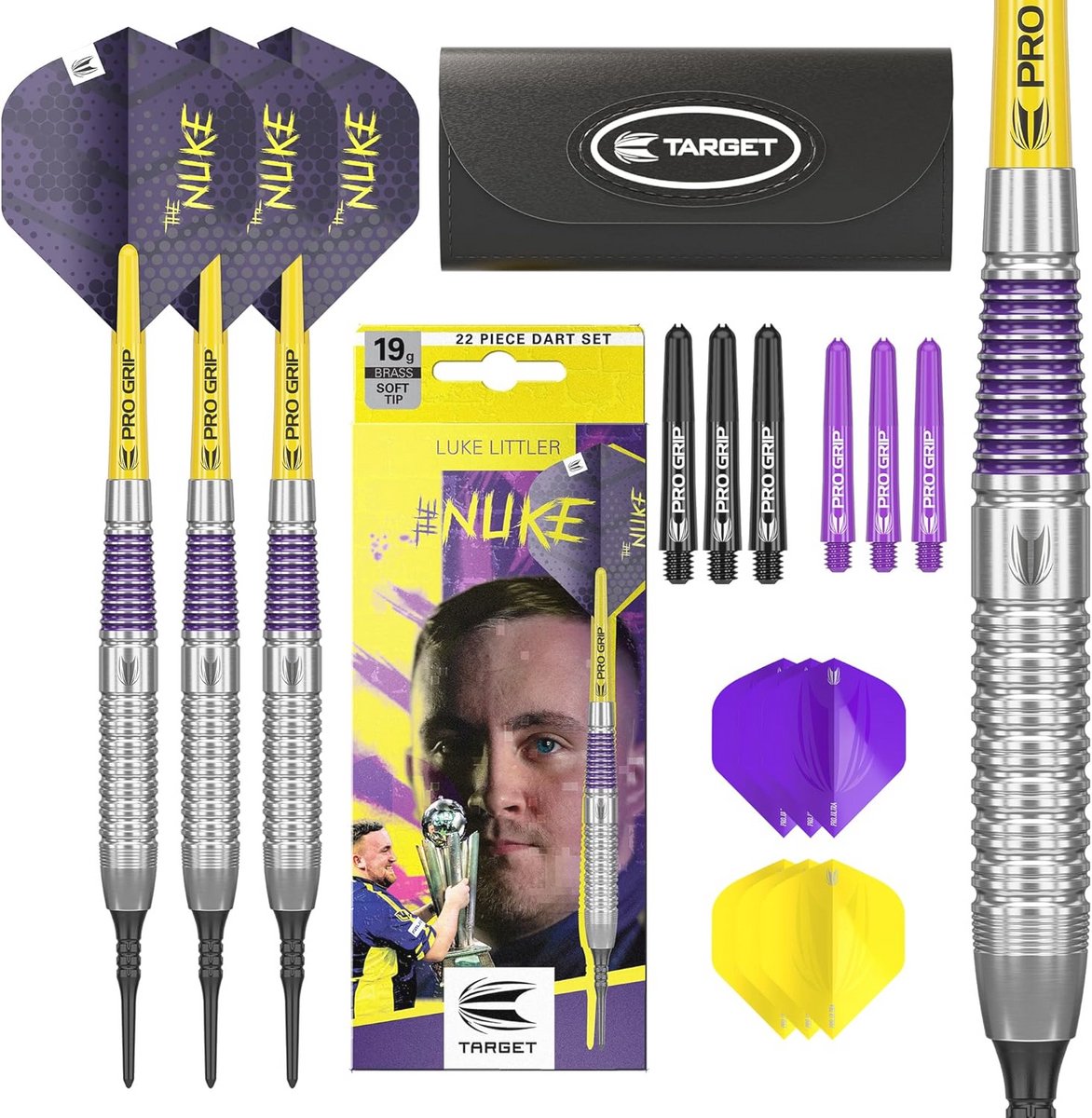 Target Darts Luke Littler Brass Soft Tip Darts Set – 19G Pixel Tip Dart, The Nuke Player Edition Dart Set, Dart Flights, Shafts & Dart Case Inbegrepen | Professionele Dart Accessoires