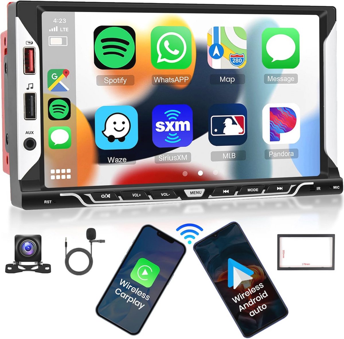 Dubbel-DIN Autoradio met Draadloze CarPlay en Android Auto - 7 Inch Touchscreen, Bluetooth en Achteruitrijcamera