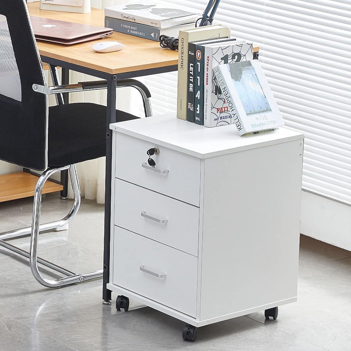 Mobiele archiefkast met 3 laden, slot en wielen - Industrieel ontwerp voor thuiskantoor