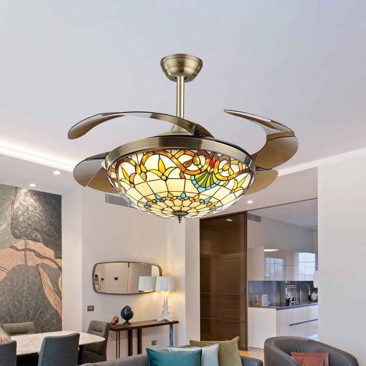 Plafondventilator met Licht en 6 Snelheden Tiffany Stijl Dimbaar – foto 7