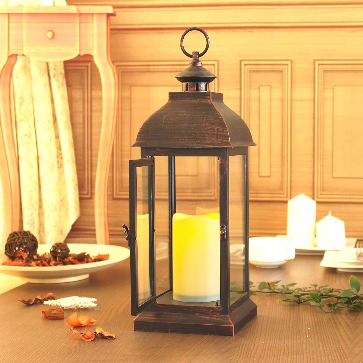 Decoratieve lantaarn met dansende LED-timerkaars voor binnen en buiten - 41 cm