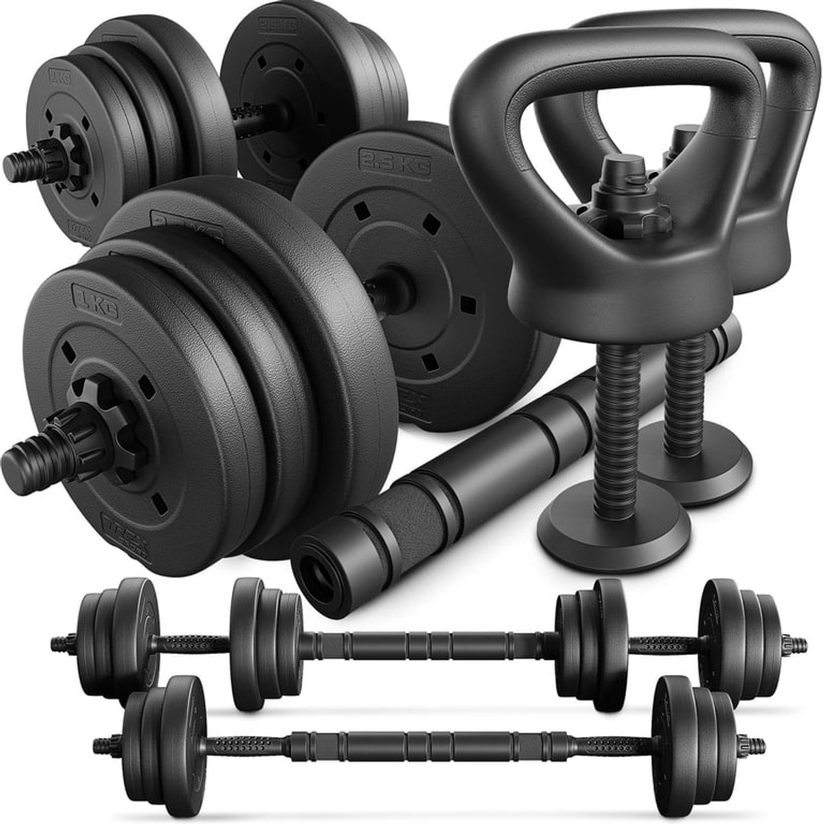 Trex Sport TX-010SM – Bitumen Halterset 2×10 kg met Verlengde Stang & Kettlebell en Push-up Handgrepen – Verstelbar – Dumbbellset – Vloervriendelijk – Bitumen Gewichten – Totaal 20 kg