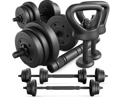 Trex Sport TX-010SM – Bitumen Halterset 2×10 kg met Verlengde Stang & Kettlebell en Push-up Handgrepen – Verstelbar – Dumbbellset – Vloervriendelijk – Bitumen Gewichten – Totaal 20 kg