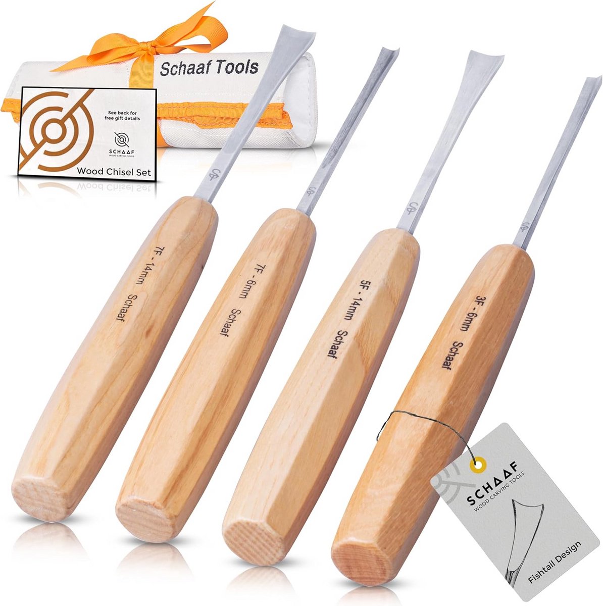 Fishtail Houtsnijset voor Gedetailleerd Werk | 4 delige Houtsnijset voor Beginners en Professionals | Handgereedschap voor Houtsnijden met Canvas Tas en eBook