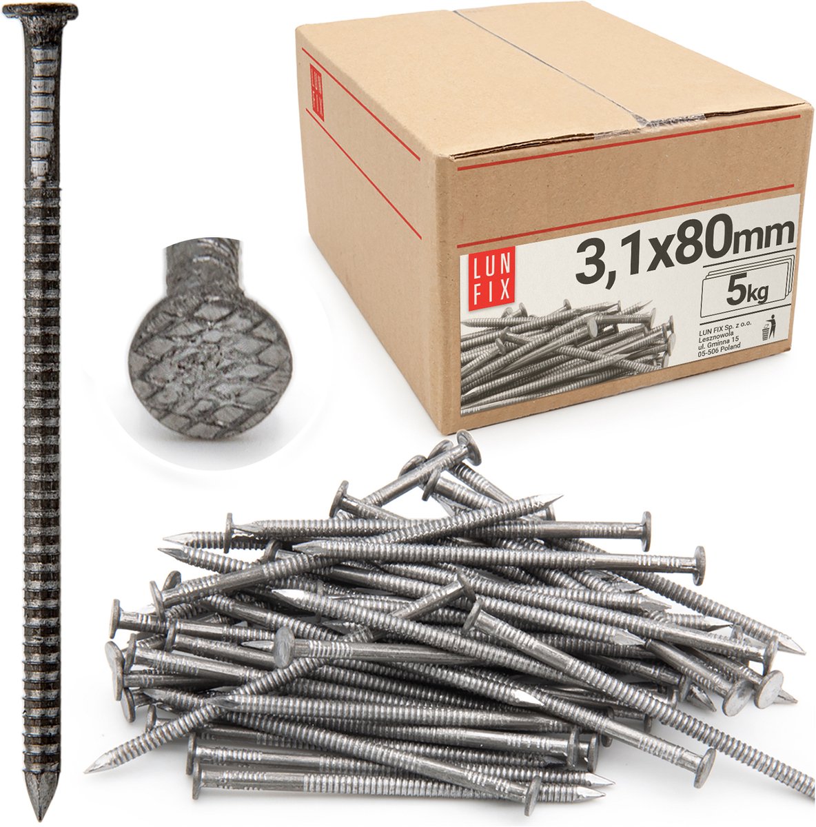 LUN FIX - Rillennagel 3,1 x 80 mm - 5kg (ca. 975 stk.) - ongegalvaniseerde bouwspijker - houten spijkers voor bouwprojecten