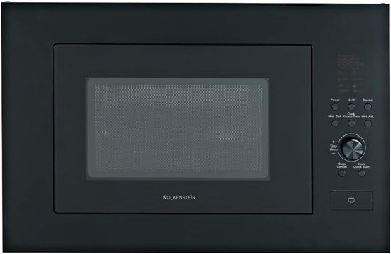 Zwarte magnetron met display en diverse voedingsmiddelen: warme dranken, groenten, aardappelen, pizza, noedels, vlees, vis, soep. "8 kookprogramma's voor eenvoudig & snel opwarmen van gerechten".