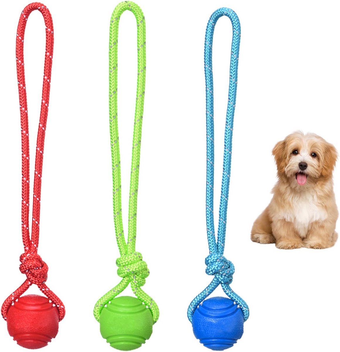 3x Honden Speelbal met Touw - Duurzaam Rubber Speelgoed voor Apporteren en Trekken