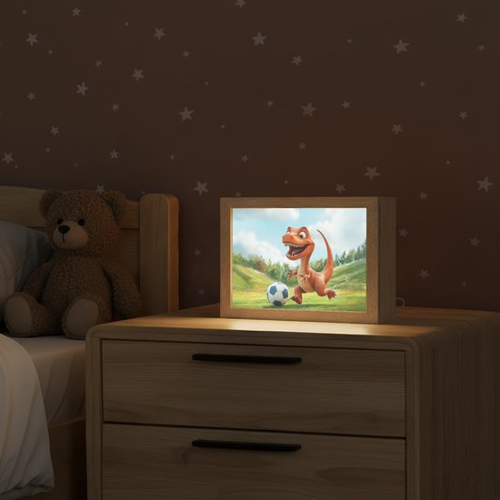 Nachtlampje 20x15 cm - Kinder lampje - Dinosaurus - Oranje - Cartoon - Voetbal - Tafellamp kinderkamer - Slaapkamer lamp - Bedlamp kinderen - Kinderlampje stopcontact - Wandlamp babykamer - Nachtlampjes van Merkloos — afbeelding 2