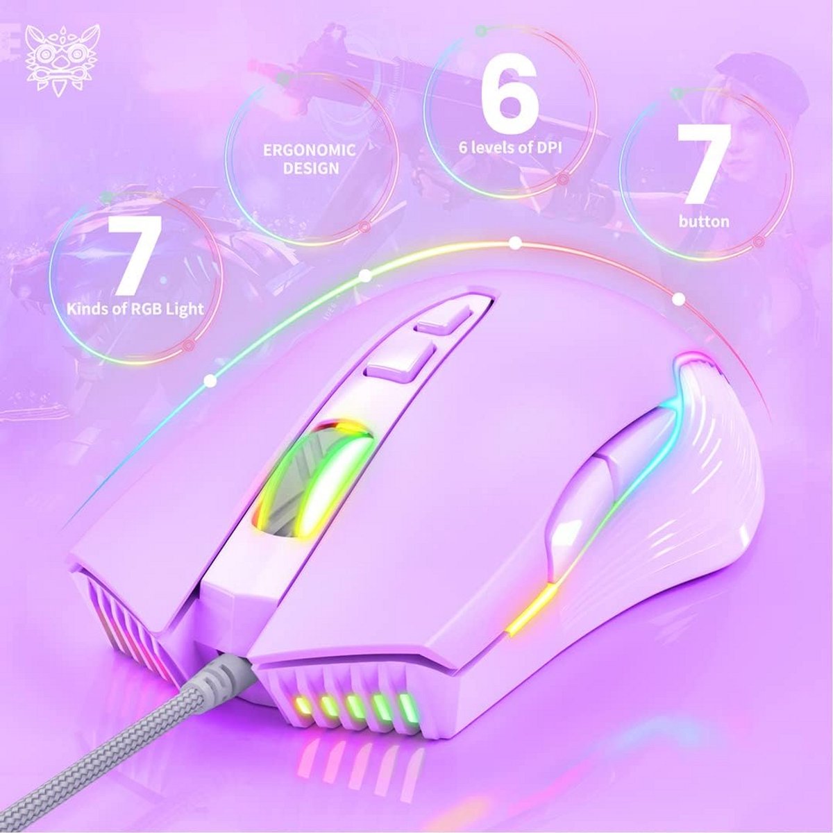 Bedrade Gaming Muis met RGB Verlichting 6400 DPI Optische 7 Knoppen voor PC en Laptop